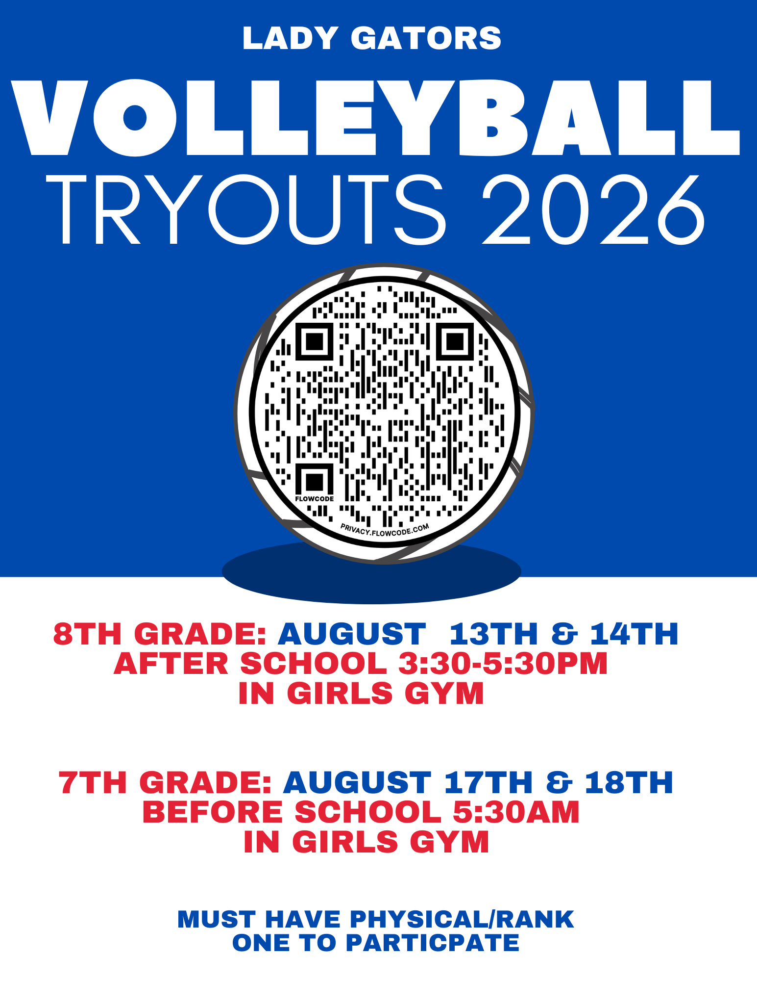 The following must be completed and on file to participate/tryout:

Physicals:

https://schools.dickinsonisd.org/page/sportsmed-Physical%20Forms

Rank One Paperwork:

http://https//dickinsonisd.rankone.com/New/NewInstructionsPage.aspx
